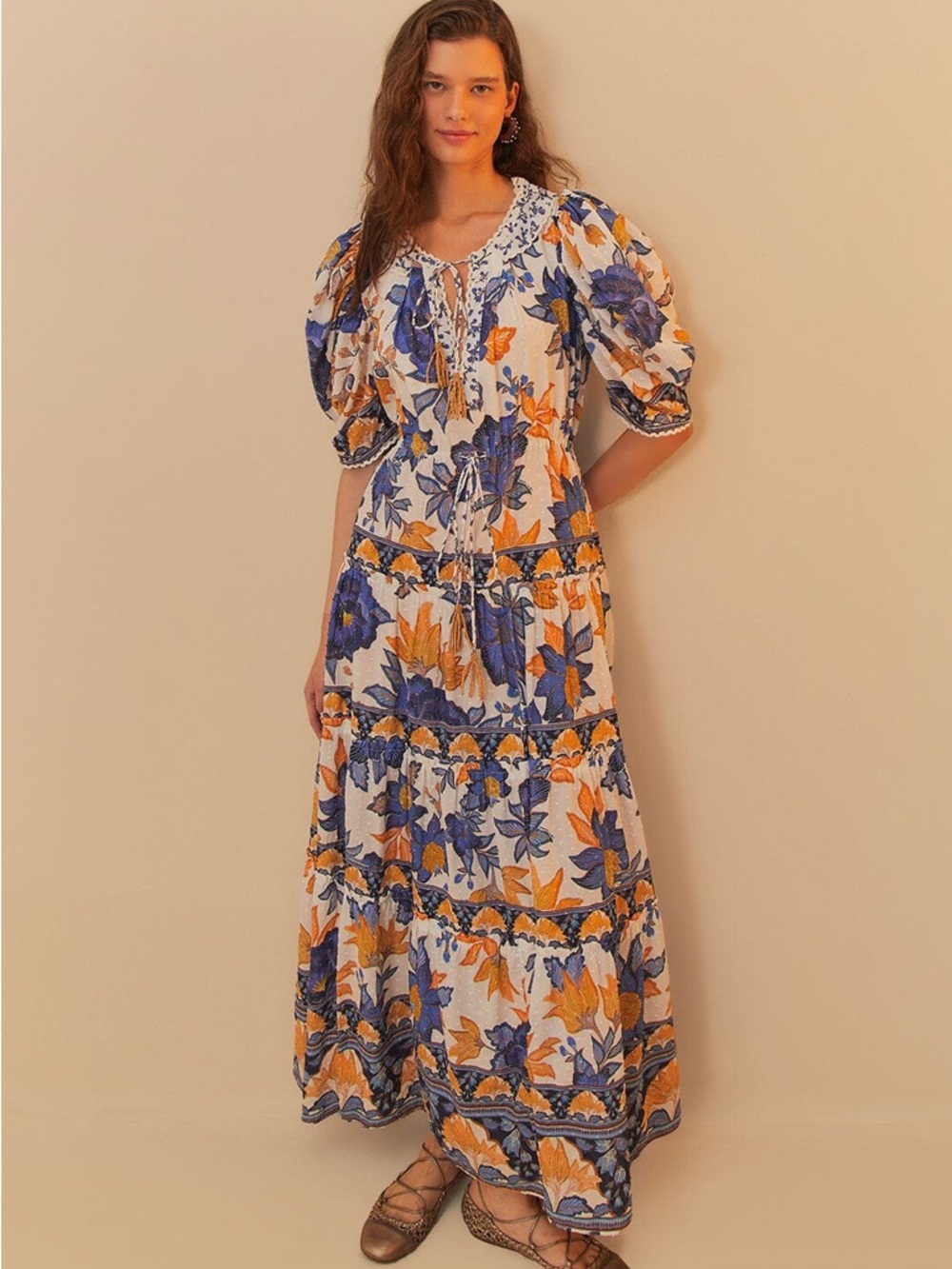 FARM Rio Off-White Summer Flowers Beaded Tassels Maxi Dress Size XXS NWT